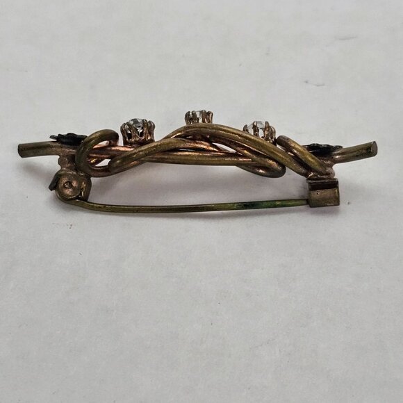 VTG Brooch Gold Tone Bar Rhinestone Antique Regencycore Leaf Accent Fairycore 2" - Picture 9 of 16